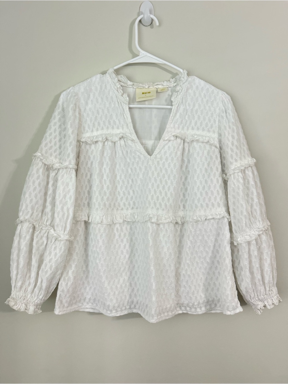 Maeve by Anthropologie Blouse XS White Dobby Dot V-Neck Ruffle Long Sleeve
